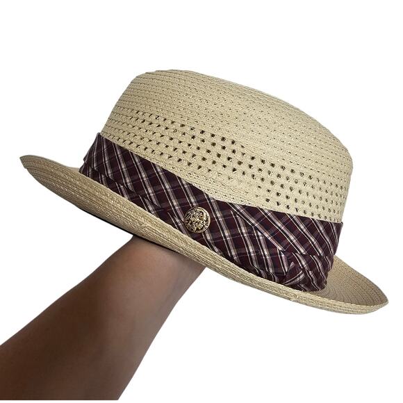 Beaver Brand Hats Straw Trilby Fedora Hat Milanette Weave Buffalo Nickel Plaid - Picture 1 of 11
